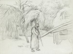 Tutkimus naistalonpojasta, joka kantaa heinäkuormaa Foucaultin pihalla, n. 1875 (hiili) tekijältä Camille Jacob Pissarro